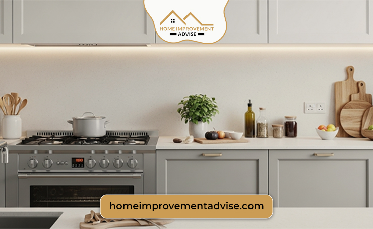 If you have very busy countertops, add a simple backsplash so that the visual clutter is minimal.