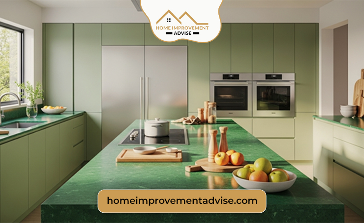 To have the most natural, calming, and fresh-looking kitchen countertop that makes the kitchen look calming and unique, the top trending color of 2025 is the biophilic green.