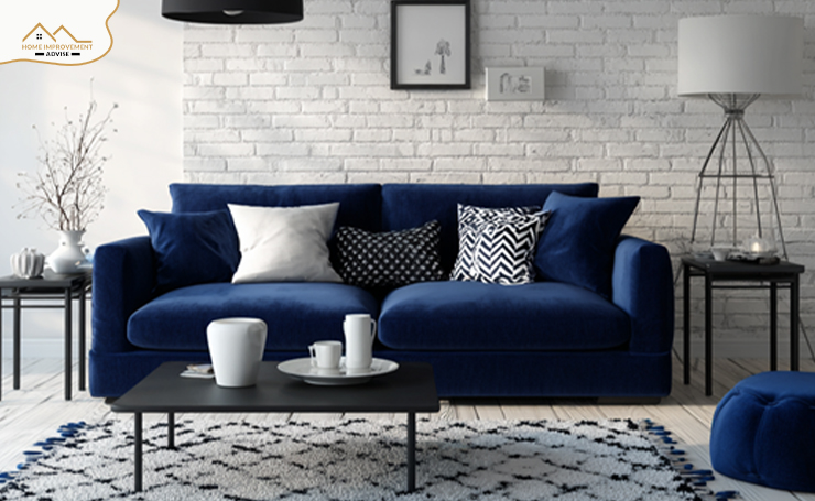 Blue Couch with Black and White Contrast: Modern Minimalism