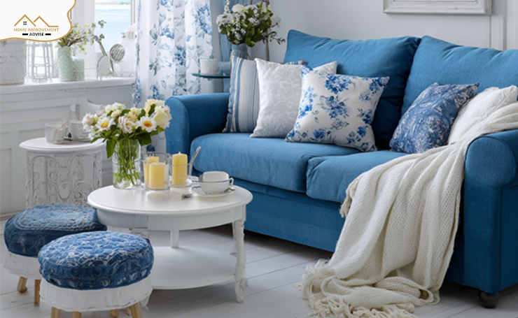 Blue Couch and White Tones: Clean, Crisp, and Airy