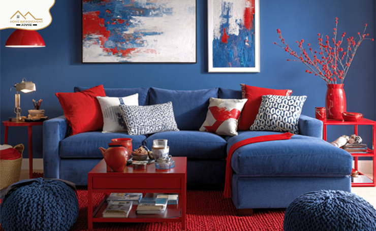 Blue Couch with Red Accents: Bold and Energizing