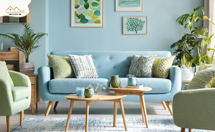 Blue Couch and Green Decor: Earthy and Balanced