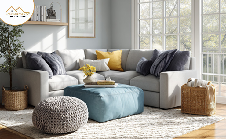 For Spacious Rooms ottoman in the center as a coffee table or extra seating.