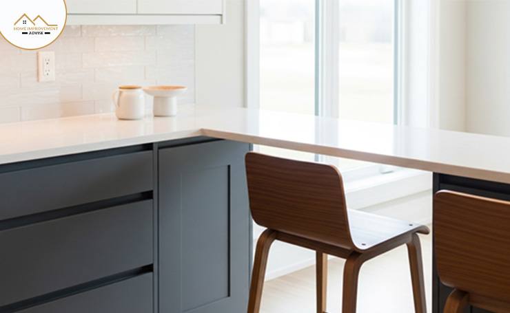cabinets below the permanent breakfast bars for extra storage.