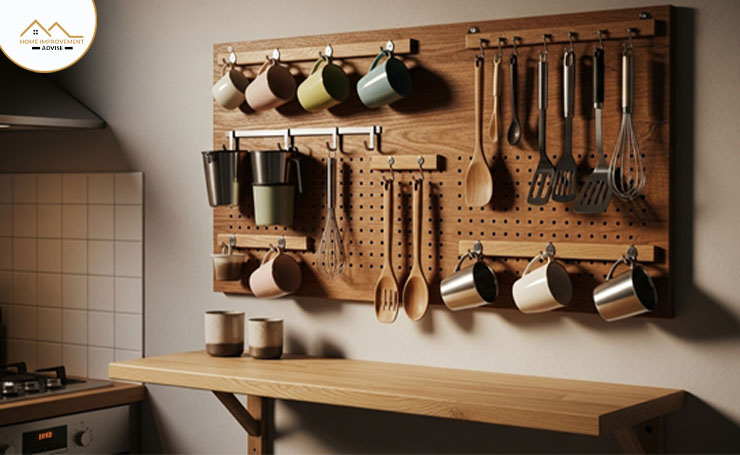 pegboard wall for utensils or cups hanging, adding a contemporary storage look.