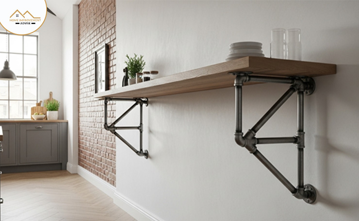 An industrial pipe support with steel pipes to get the vibe of a loft.