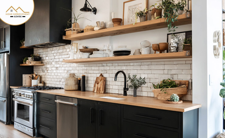 Black Kitchen with Wooden Cabinets