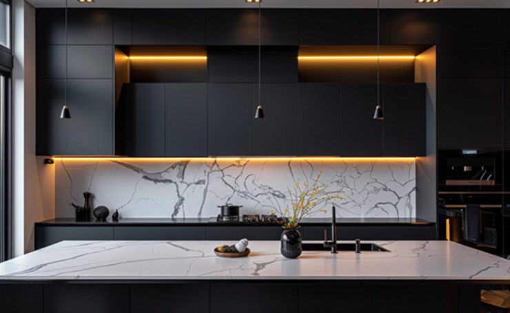 3. Dark Modern Kitchen with Matte Finishes and a Bright Backsplash