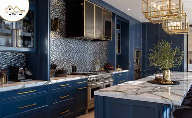 Dark Blue Kitchen Cabinets: Dark blue cabinets bring drama and depth to your space. The richness of the color looks superb with marble or quartz countertops. Bold backsplashes and contrasting wall colors with dark blue cabinets create a luxurious style.