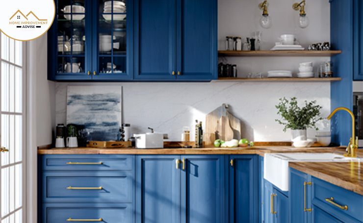 Shaker Style Blue Cabinets: The clean lines of shaker cabinets in blue color are perfect for a stylish yet classic kitchen. These cabinets are the perfect balance of simplicity and character. This style is perfect for people looking for a simple kitchen but with a pop of color.