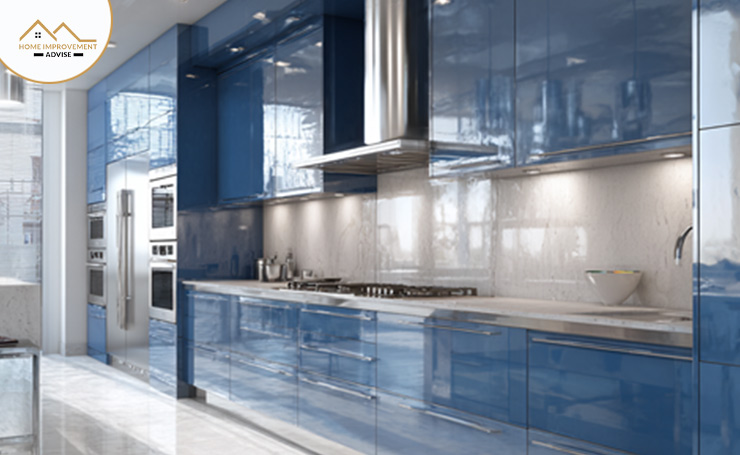 Modern Glossy Blue Cabinets: Glossy blue cabinets create a sleek and contemporary kitchen. Their reflective surfaces make your space polished, making it look minimalist. These glossy cabinets go well with metallic accents, such as stainless steel or chrome.
