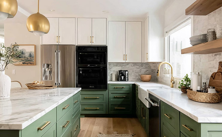 Green Lower Cabinets with White Uppers