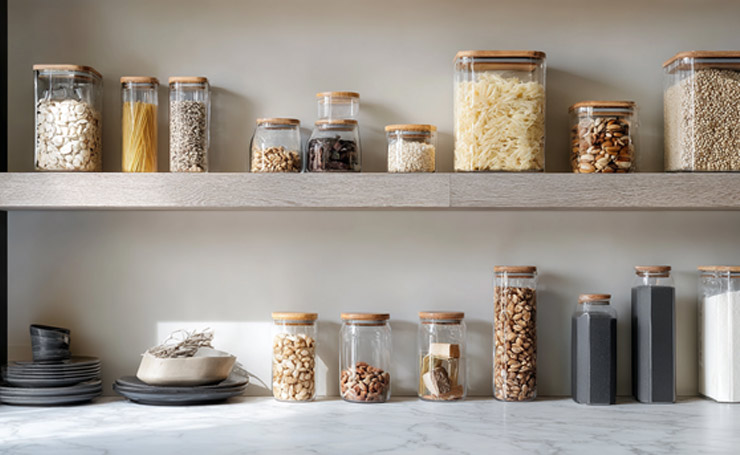 Floating Pantry Shelves: Instead of using a bulky pantry, a floating pantry shelf stores a lot and does not give a cramped feel.