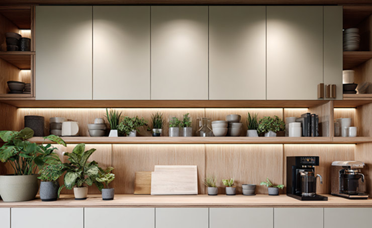 Mix Open and Closed: A floating wall cabinet paired with open shelves hides the extra clutter, while you can display your best pieces.